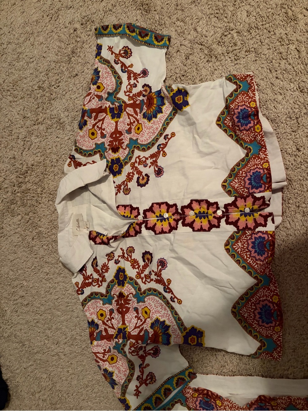 Cleobella Linen White Button-Front Boho Blouse with Multicolor Embroidery